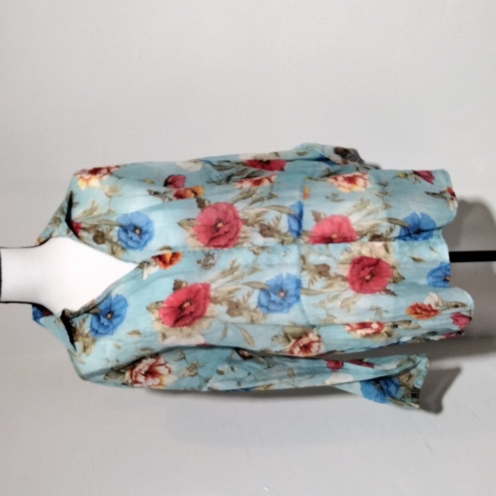 Umgee Floral High Low Roll Tab Sleeve Sheer Button Front Blouse SZ M